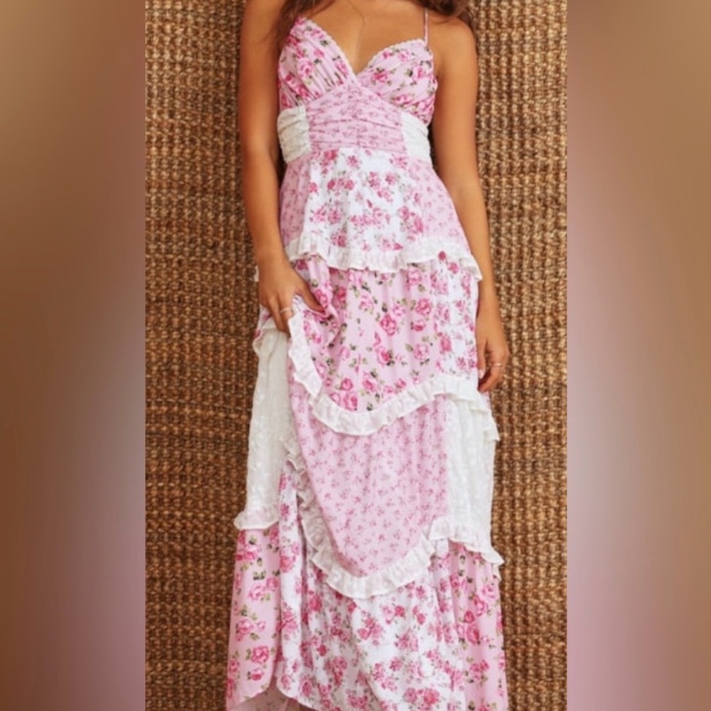 ARULA Pink Floral Maxi Dress with White Lace